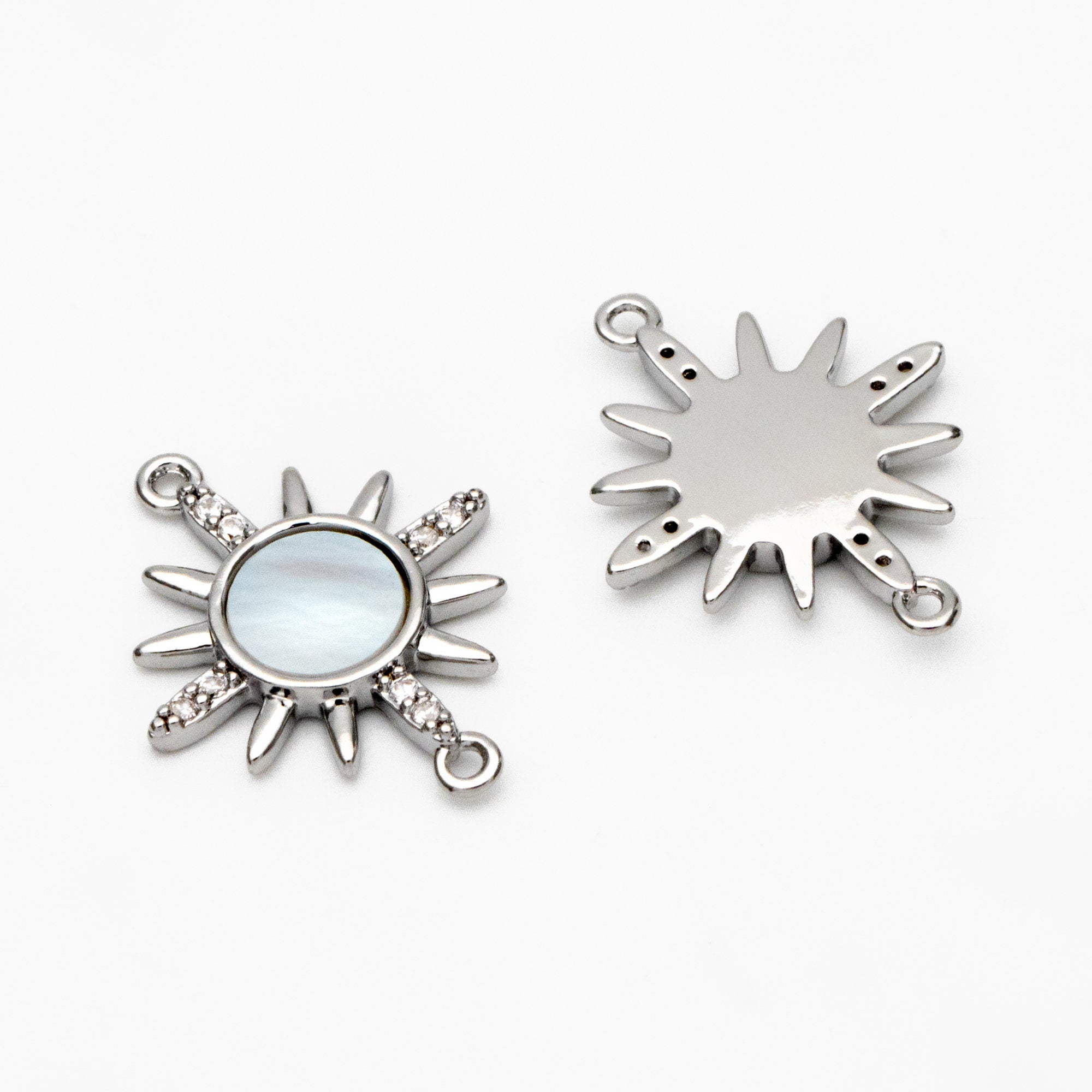 4pcs Shell Pave Gold/ Silver Sun Charms, 18K Gold/ Rhodium plated Brass, CZ Sun Pendants Connector (GB-2000-A)